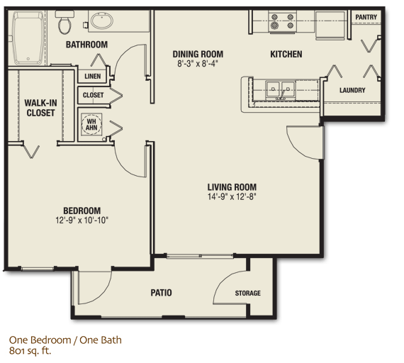 The Quarters - One Bedroom / One Bath Apartment, 801 sq. ft.