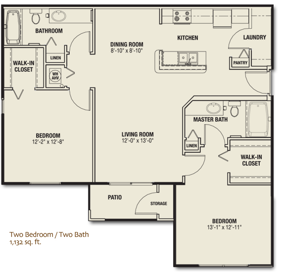 The Quarters - Two Bedroom / Two Bath Apartment, 1,132 sq. ft.